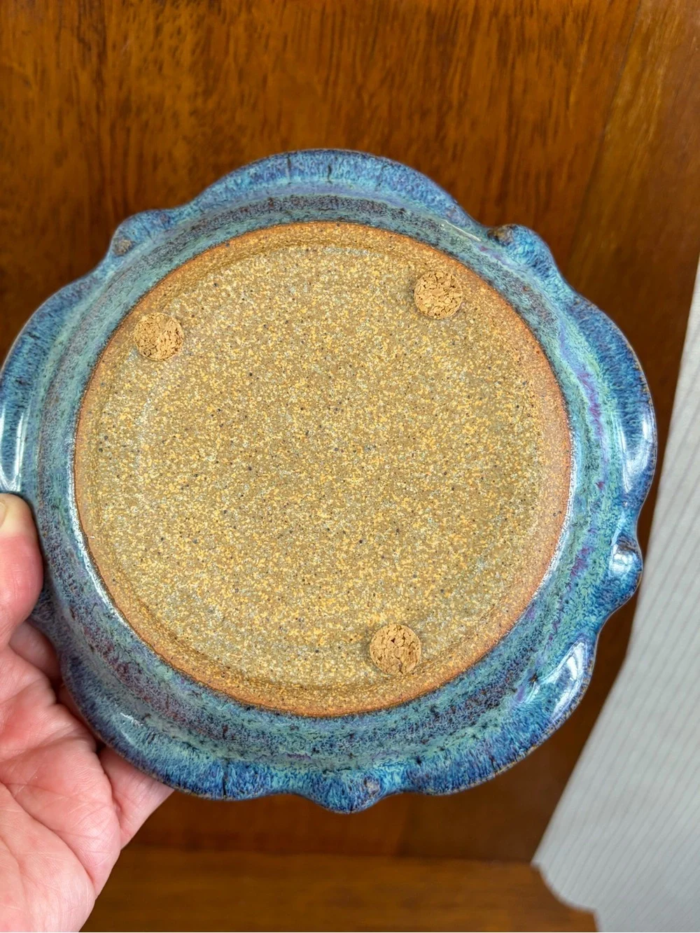80's Studio Pottery Cerulean Blue Geode Votive Candle Holder Crackled Glass  USA